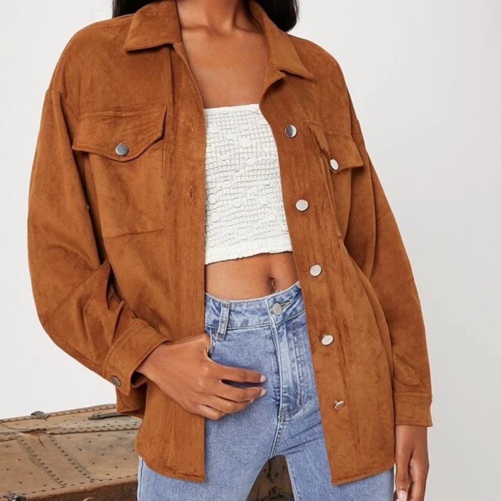 Vegan Suede Button Down Shirt Jacket - Picture 3 of 6